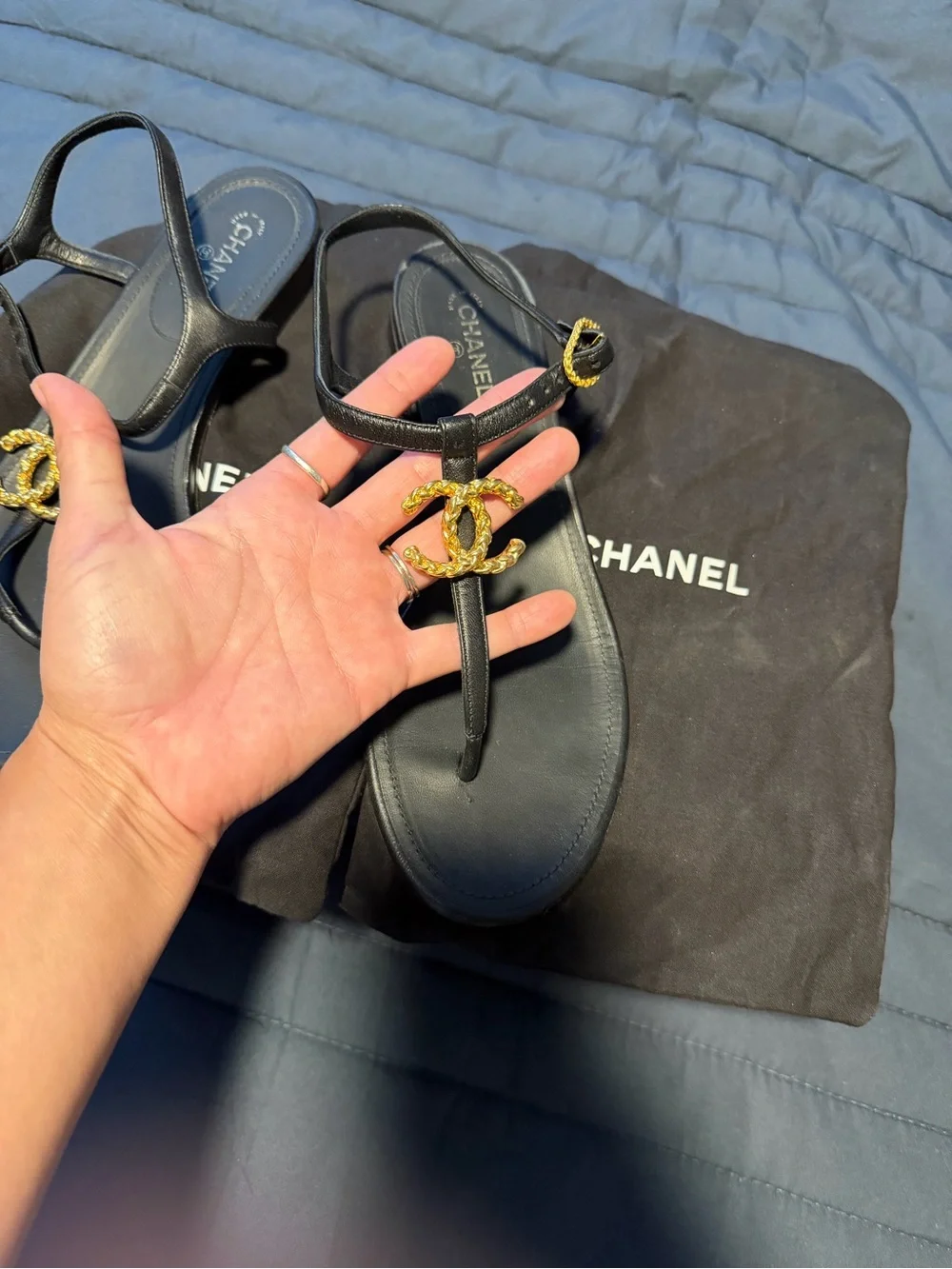 CHANEL Black Leather T-Strap Sandals with Gold CC Medallions